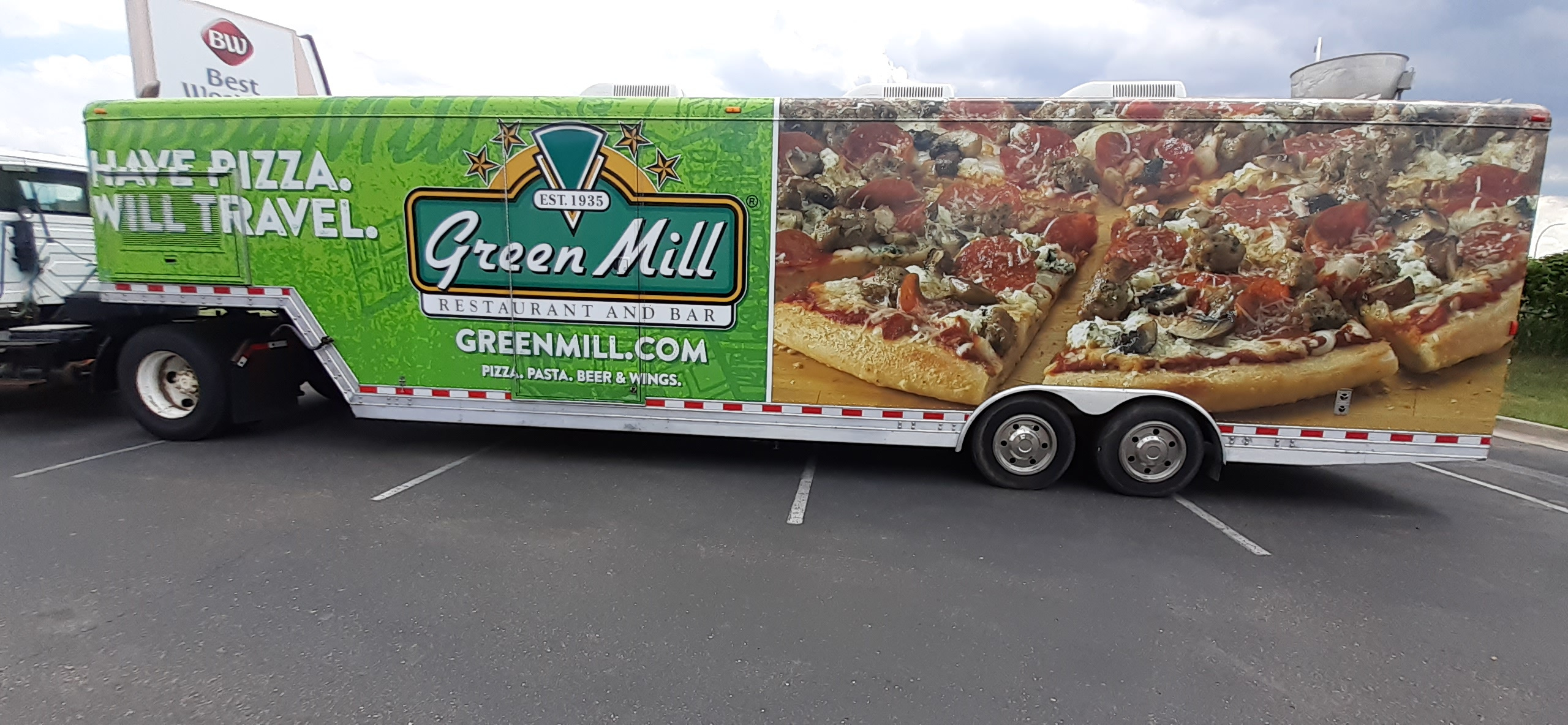 Green Mill Restaurant travel trailer pizza vehicle wrap